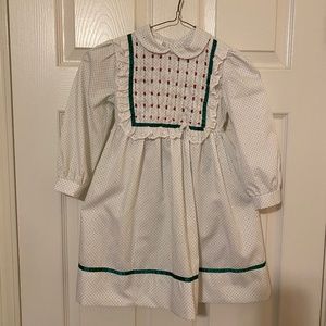 VINTAGE POLLY FLINDERS HAND SMOCKED DRESS White with green dots. Long sleeves